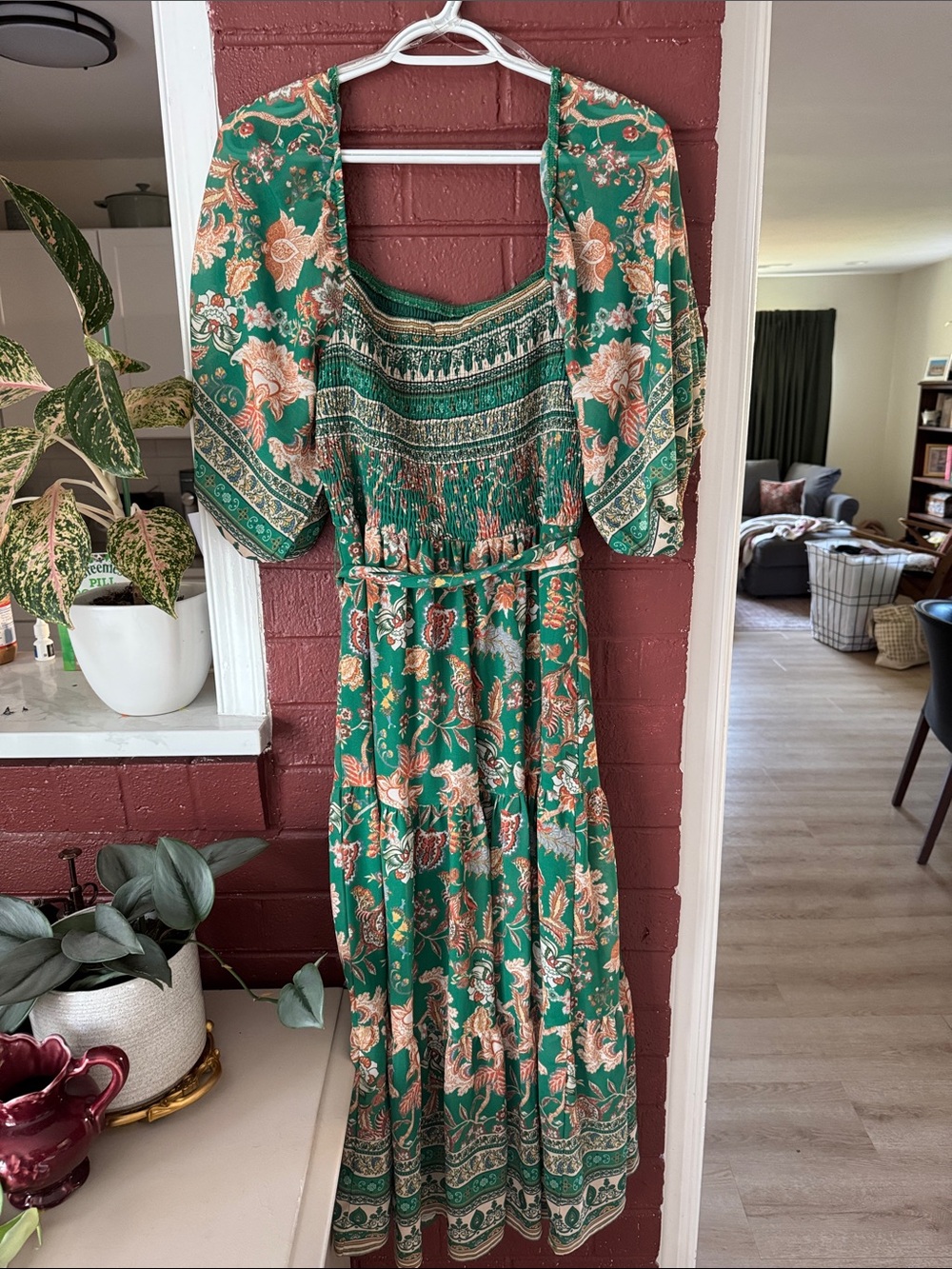 Flying Tomato Patterned Green Puff Sleeve Smocked Floral Boho Midi Dress Size L - Picture 8 of 8